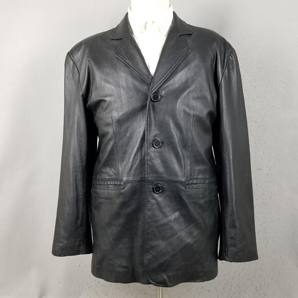 J Ferrar Leather Jacket Mens Large Black Genuine Lambskin Blazer Coat 3 Button